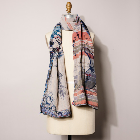 Organic French Jacquard  Scarf Jeanne d'Arc Bordeaux Bleu