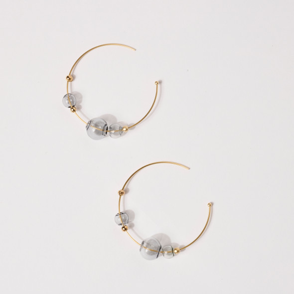 Eclipse Satin Gold Hoops Glass Earrings in Grey