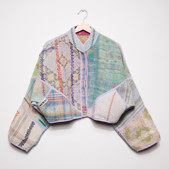 Cropped Kaira Lilac Piping Upcycled Quilted Kantha Jacket by Namai