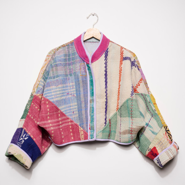 Cropped Kaira Lilac Piping Upcycled Quilted Kantha Jacket by Namai