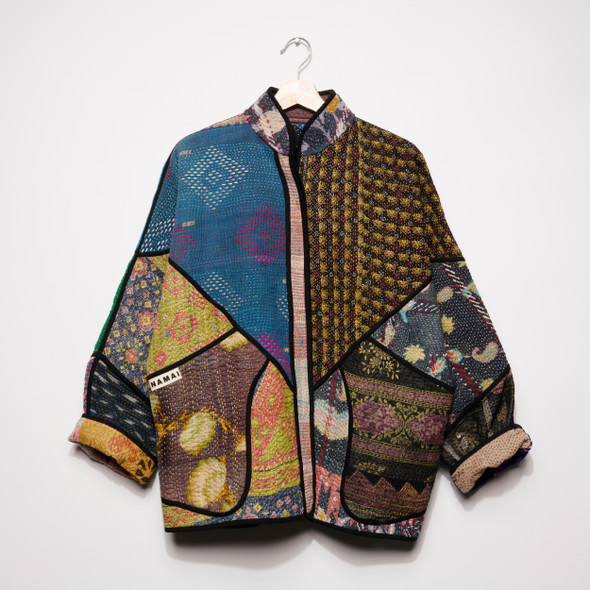 Ladhiya Dark Patchwork Upcycled Quilted Kantha Jacket by Namai