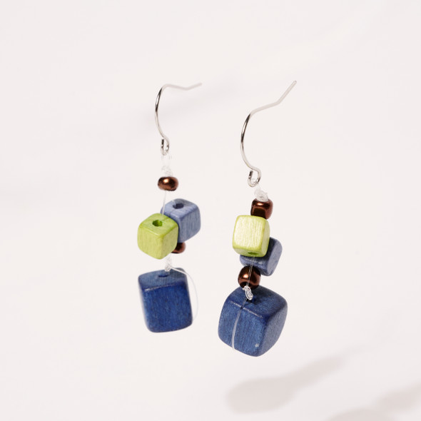 Lia Blue Cube Drop Wood Earrings
