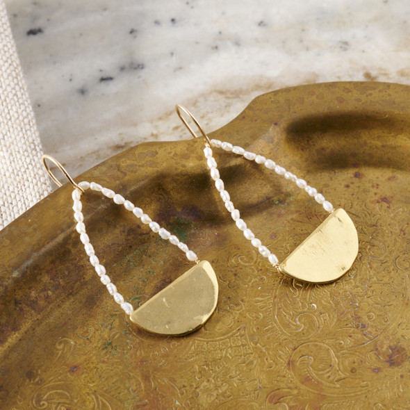 Small Brass Half Moon Pearl Arch Earrings by Moon Arrow