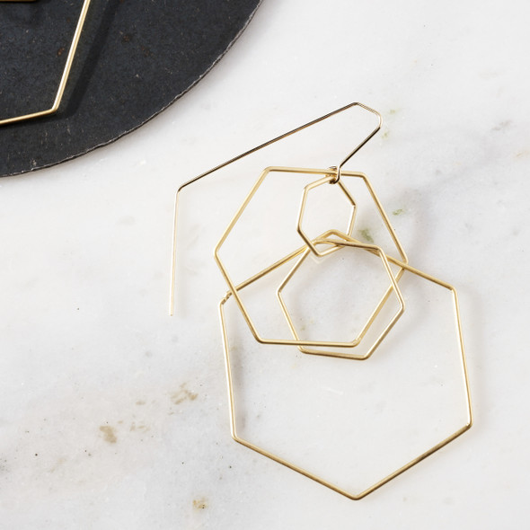 Long Gold Hexagons Earrings
