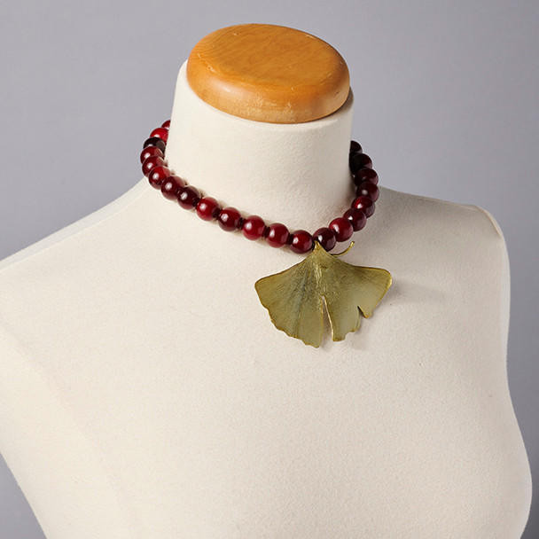 Michael Michaud Deep Red Beaded Gingko Necklace