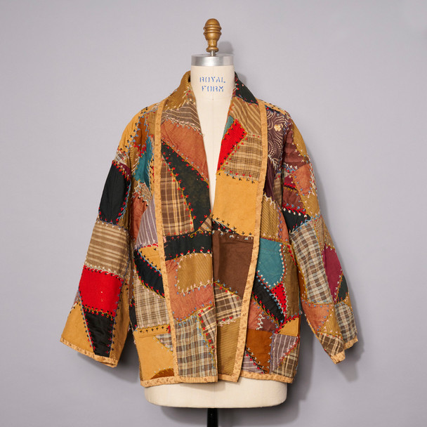 Upcycled Crazy Quilt Tan Edge Jacket by Cheryl Pagano