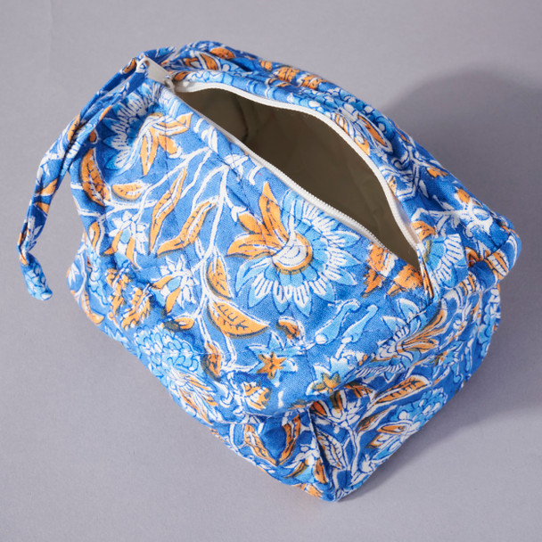 Blue Block Printed Quilted Cosmetic Bag