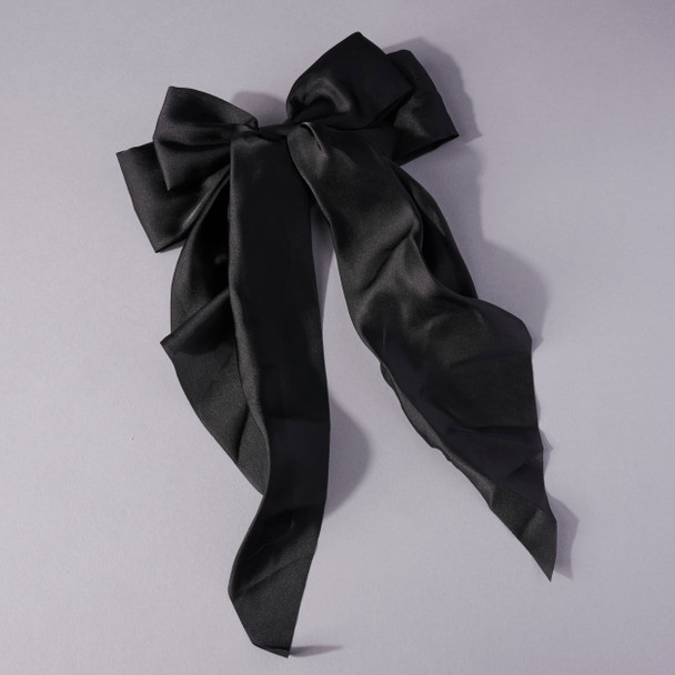 Long Satin Hair Bow Barrette - Black