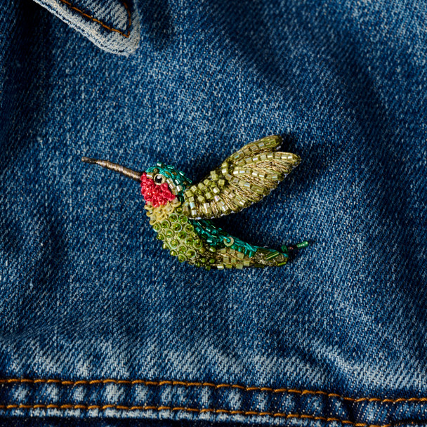 Embroidered & Beaded Ruby Throated Hummingbird Pin