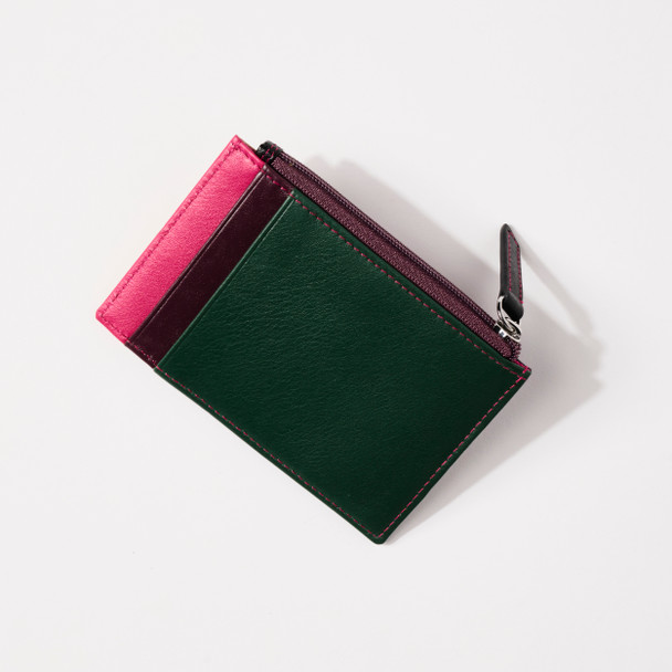 Leather Wallet ID Case with Zipper in Forest Multi