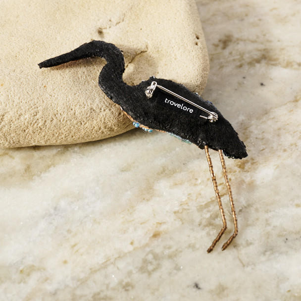 Embroidered and Beaded Blue Heron Pin