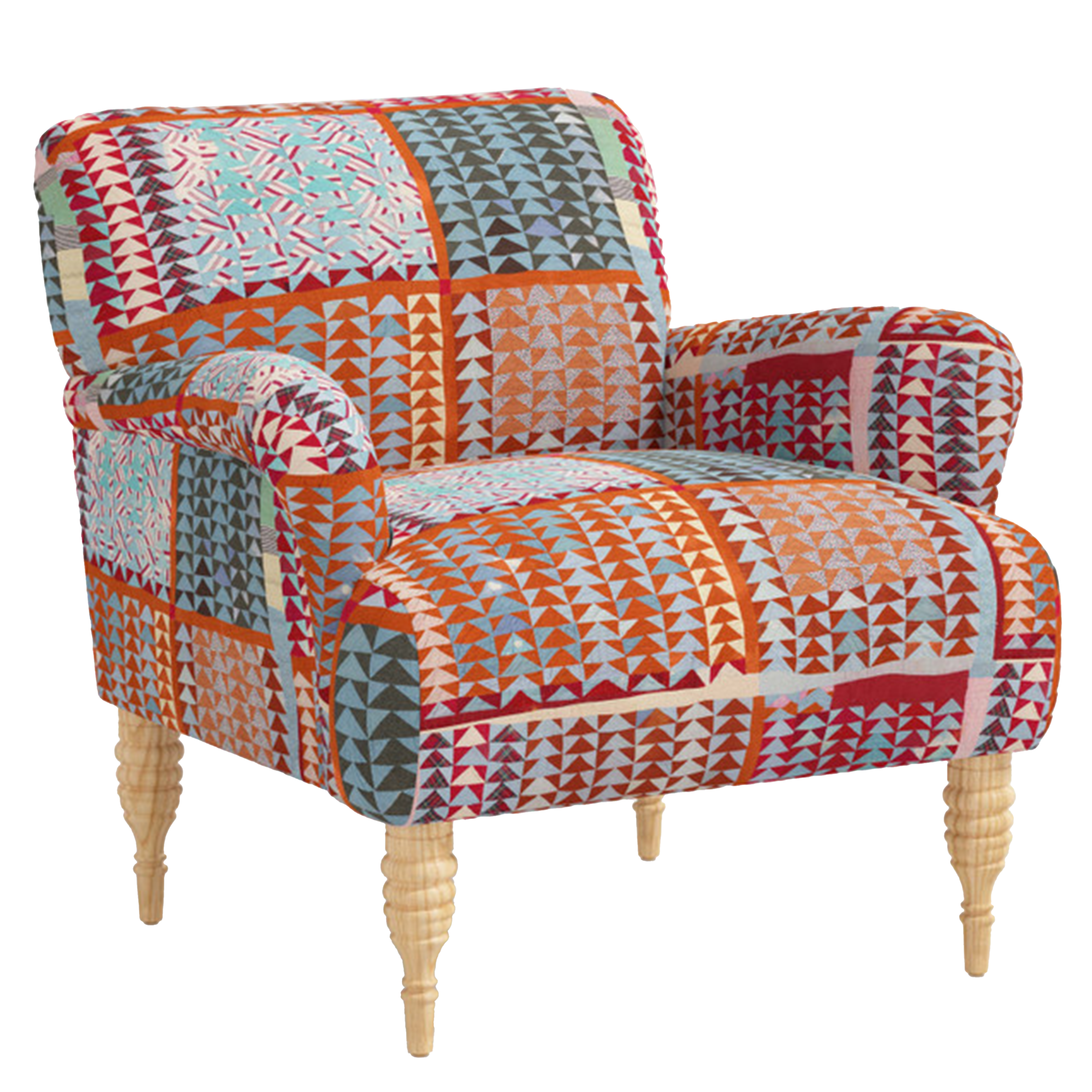 Colorful upholstered armchair with patterned fabric and wooden legs.
