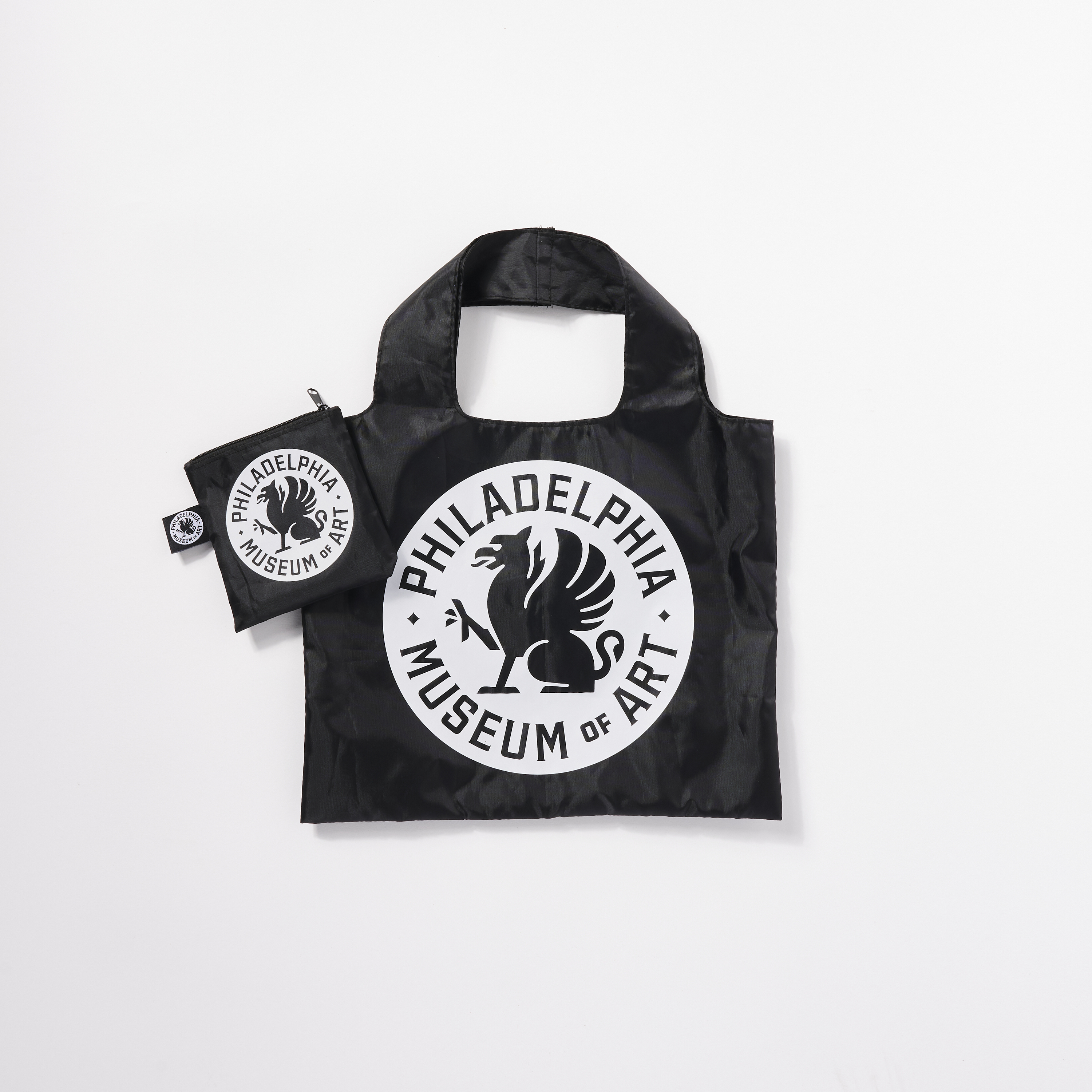 Black tote bag with Philadelphia Museum of Art logo and griffin design.