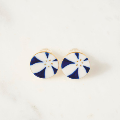 Cherry Blossom Round Hand-Drawn Porcelain Clip Earrings