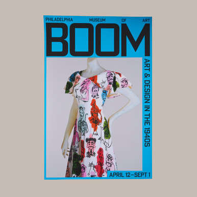 BOOM Art & Design in the 1940’s 24" x 36" Exhibition Poster Designed by Elsa Schiaparelli, Woman’s Dinner Dress, Summer 1946