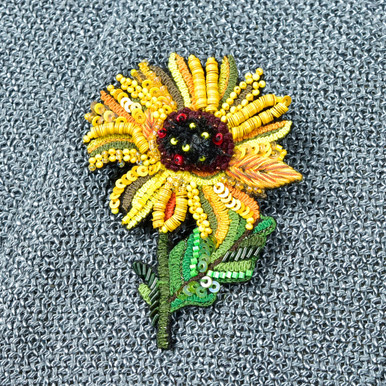 Embroidered and Beaded Sunflower Pin