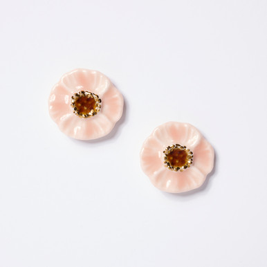 Large Round Pink Flower Hand-Drawn Porcelain Earrings