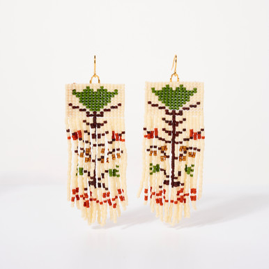 Beaded Fraktur Floral Dangle Earrings in Cream & Green