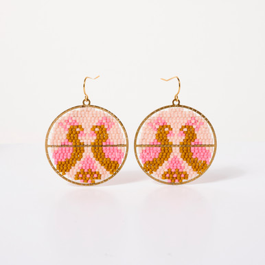 Round Beaded Twin Birds Earrings in Pink & Mustard