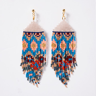 Beaded Handwoven Fringe Earrings in Blue