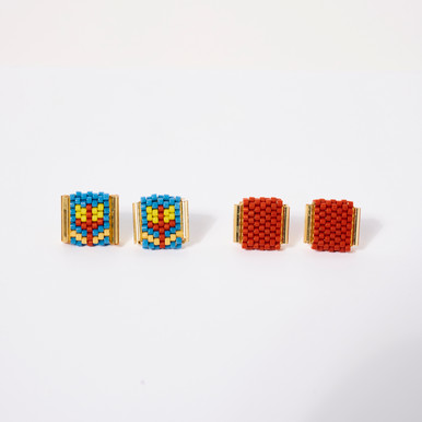 Beaded Tulip Stud Set Earrings in Teal & Rust