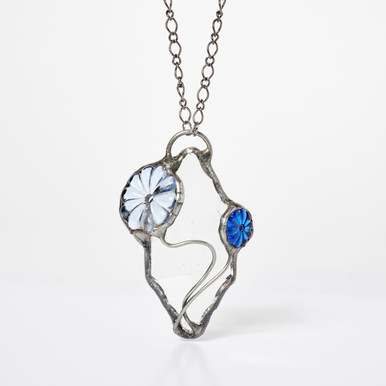 Large Clear with Blue Rosettes Artisan Glass Necklace by Lulu and Glass
