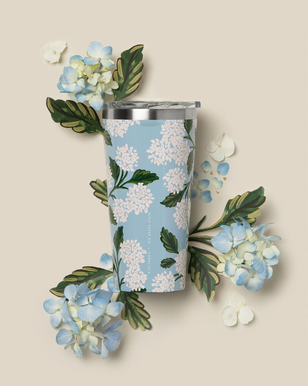 Hydrangea Blue RIFLE PAPER CO X CORKCICLE, 16 oz. Tumbler ELEGANTE