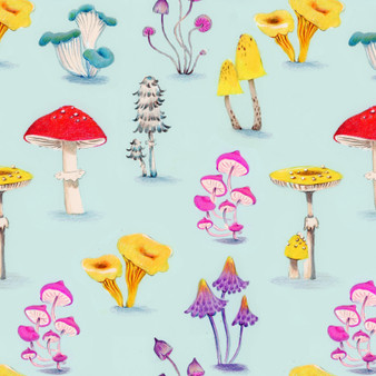HEATHER ROSS Market, Mushrooms in Aqua - by the half-meter