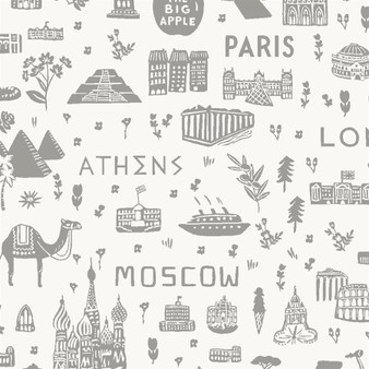 RIFLE PAPER CO, BON VOYAGE, World Traveler Silhouette in Grey - by the half-meter, Elegante Virgule Canada, Canadian Fabric Quilt Shop, Quilting Cotton