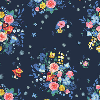 DOWN THE RABBIT HOLE, Caterpillar Floral in Navy - by the 1/2m