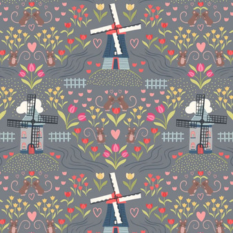 LEWIS & IRENE, TULIP FIELDS Windmills in Light slate - by the half-meter, ELEGANTE VIRGULE CANADA, Canadian Quilt Fabric Shop, Quilting Cotton