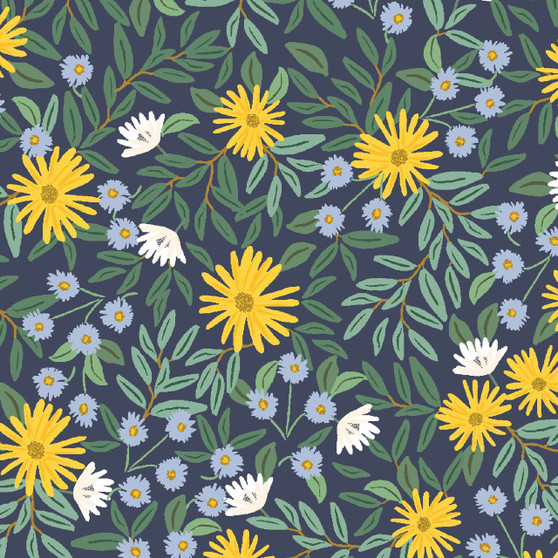 RIFLE PAPER CO, BRAMBLE, Daisy Fields in Navy Metallic 100% Canvas Cotton - by the half-meter - ELEGANTE VIRGULE CANADA, Canadian Fabric Quilt Shop, Quilting Cotton