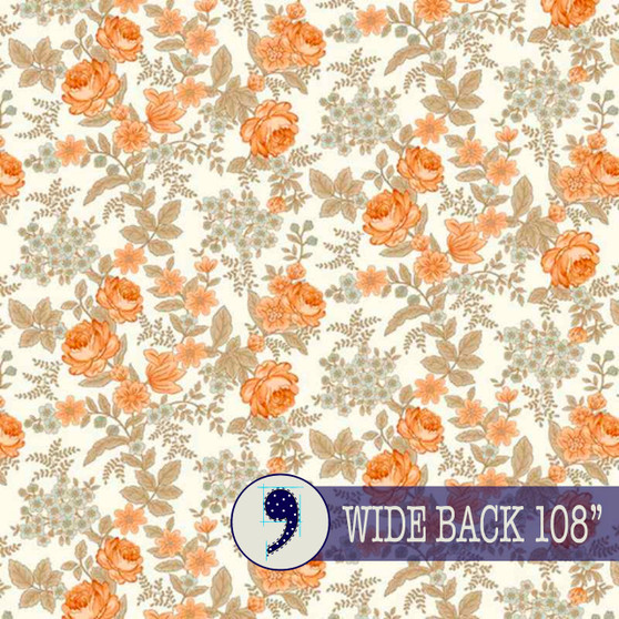 HENRY GLASS 108" SUNWASHED ROMANCE, Cabbage Rose, Orange on Cream by Kim Diehl - ELEGANTE VIRGULE CANADA