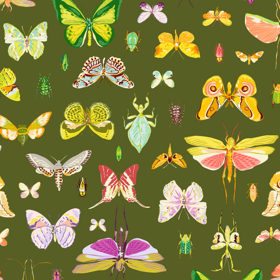 Tissus Windham, Insectarium Tamara Kate, exposé en vert olive - ELEGANTE VIRGULE CANADA