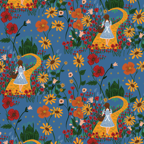 RIFLE PAPER CO Fabrics, Wizard of OZ, Yellow Brick Road in Blue Metallic - ELEGANTE VIRGULE CANADA
