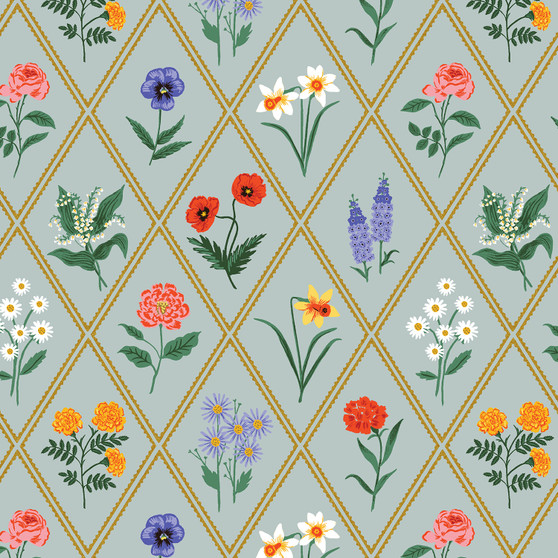 RIFLE PAPER CO, Garden Club, Étude de jardin en bleu métallisé - au demi-mètre