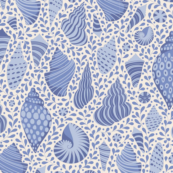 TILDA COTTON BEACH, Beach Shells in Blue - by the half-meter , Elegante Virgule Canada, Canadian Fabric Quilt Shop, Quilting Cotton