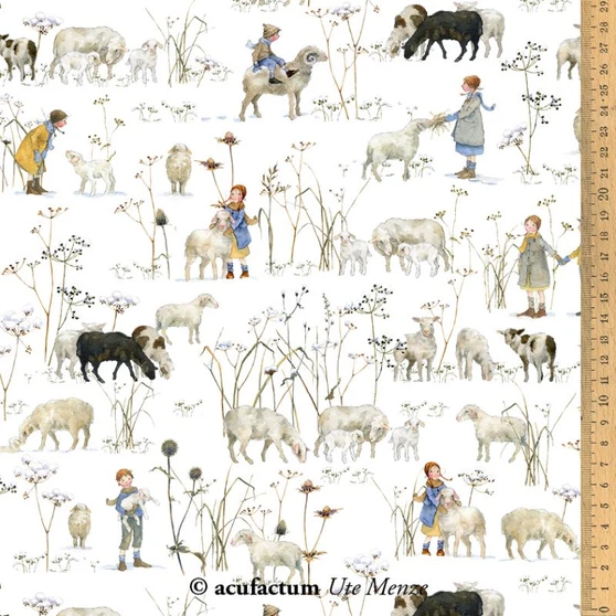 ACUFACTUM Fabrics Autumn / Winter, Winter Children and Sheep on White - ELEGANTE VIRGULE CANADA, Acufactum Fabrics