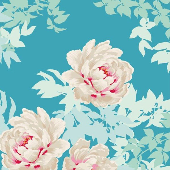 TILDA - SUNKISS Beach Peony Teal 100% Quilting Cotton, Per Half-Meter