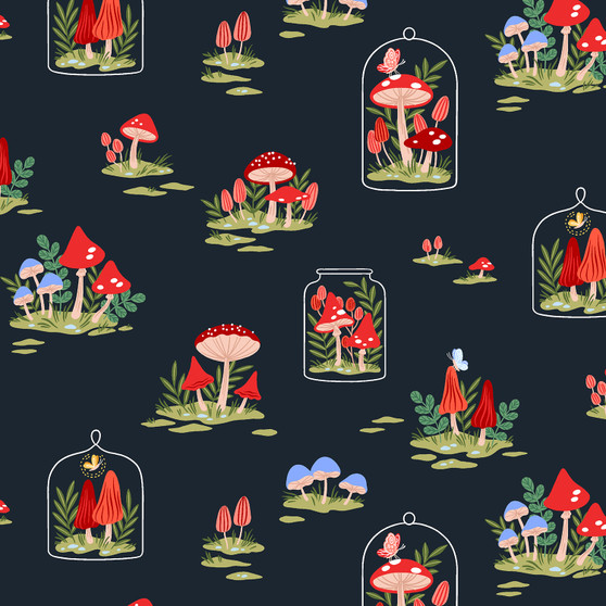 PAPER RAVEN CO, Cotton and Steel Fabrics, GARDEN & GLOBE - Mushroom Garden in Navy - ELEGANTE VIRGULE CANADA, Canadian Fabric Quilt Gift Shop, Quilting Cotton