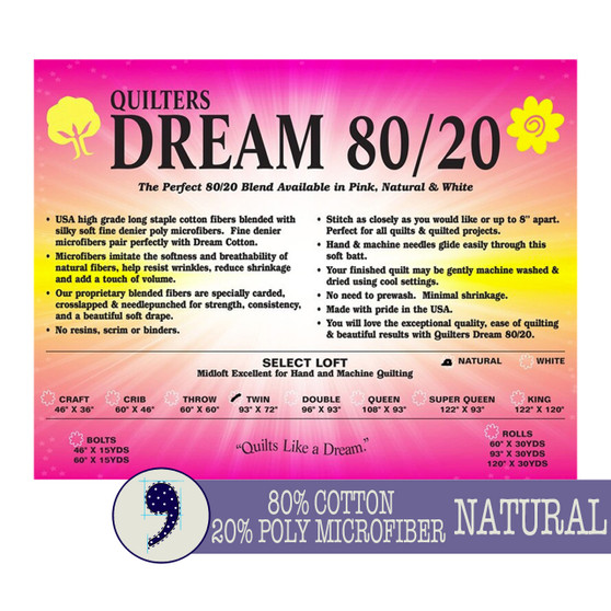 QUILTERS DREAM Batting 80/20 BLEND Natural (7 sizes) - ELEGANTE VIRGULE CANADA, Canadian Gift, Fabric and Quilt Shop. Quilting Cotton, Quebec