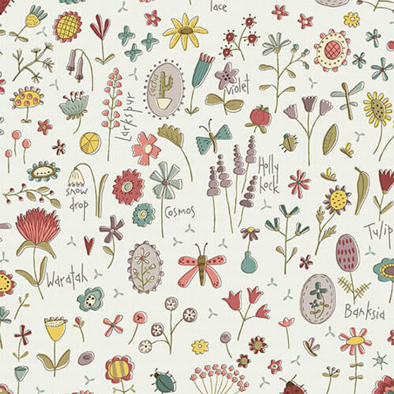HENRY GLASS FABRICS, HATCHED AND PATCHED, Anni Downs - Market Garden, Tossed Wild Flowers in Cream - ELEGANTE VIRGULE CANADA, Canadian Fabric Quilt Shop, Quilting Cotton, Floral Fabric