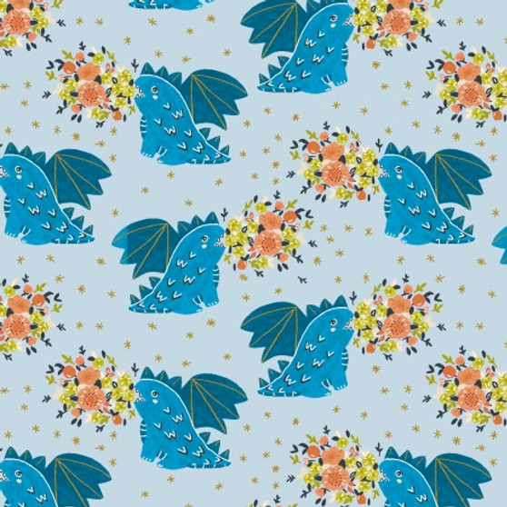 Cotton and Steel Fabrics, CALLI AND CO Jessica Zhao, LIFE FINDS A WAY - Always Be A Dragon in Fire And Ice Metallic Fabric (Blue Grey) - ELEGANTE VIRGULE CANADA, Canadian Fabric Quilt Gift Shop, Quilting Cotton