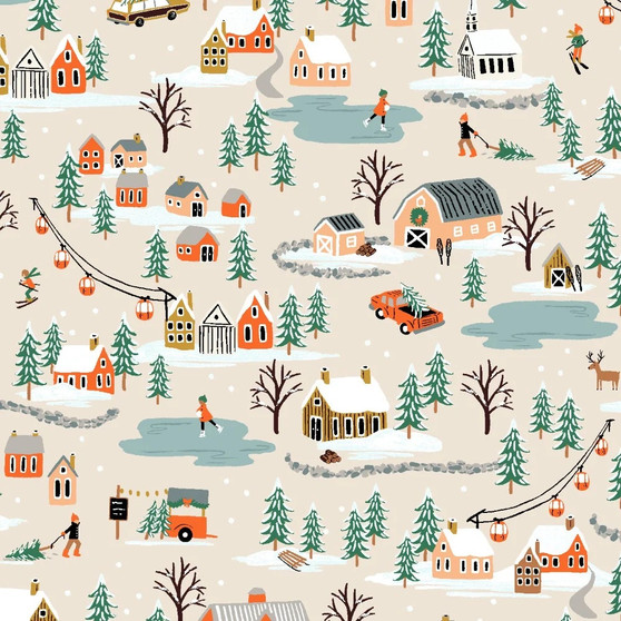 RIFLE PAPER CO, HOLIDAY CLASSICS II, Holiday Village in Cream - Elegante Virgule Canada, Canadian Fabric Quilt Shop, Quilting Cotton