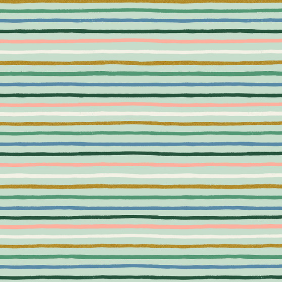 RIFLE PAPER CO, ORCHARD, Festive Stripe in Mint Multi Metallic - ELEGANTE VIRGULE CANADA, Canadian Fabric Quilt Shop, Quilting Cotton