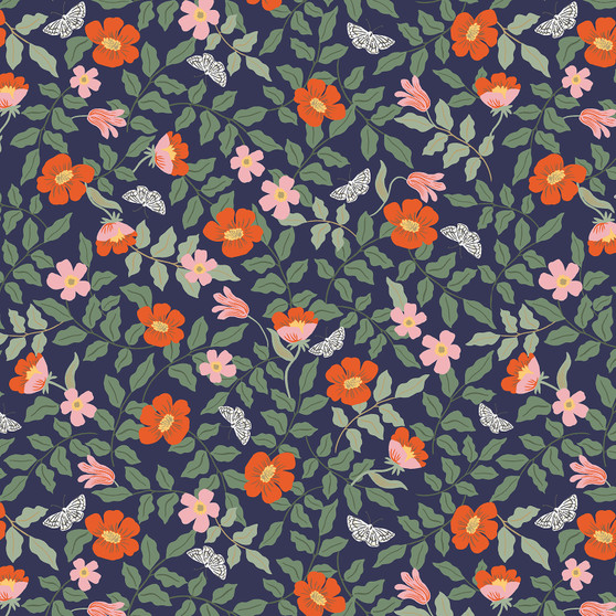 RIFLE PAPER CO, Strawberry Fields PRIMROSE in Navy,  ELEGANTE VIRGULE CANADA, CANADIAN FABRIC SHOP, QUILTING COTTON