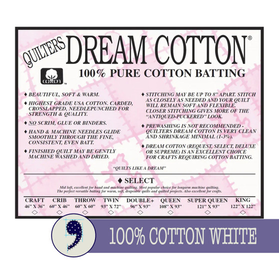 QUILTERS DREAM Batting 100% COTTON White (6 sizes) - ELEGANTE VIRGULE CANADA, Canadian Gift, Fabric and Quilt Shop. Quilting Cotton, Quebec