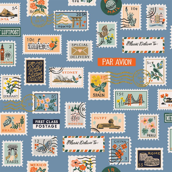 RIFLE PAPER CO, BON VOYAGE, Postage Stamps in Blue - by the half-meter, Elegante Virgule Canada, Canadian Fabric Quilt Shop, Quilting Cotton