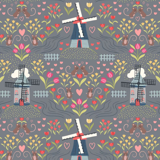 LEWIS & IRENE, TULIP FIELDS Windmills in Light slate - by the half-meter, ELEGANTE VIRGULE CANADA, Canadian Quilt Fabric Shop, Quilting Cotton