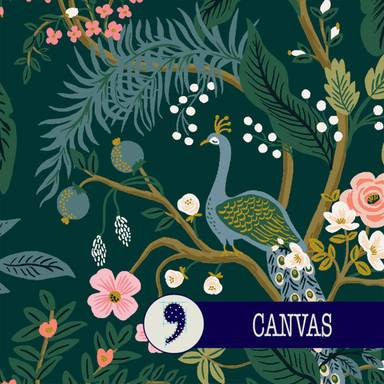 RIFLE PAPER CO, VINTAGE GARDEN, Peacock in Hunter Metallic, CANVAS (Cotton / Linen) - ELEGANTE VIRGULE CANADA, Canadian Fabric Quilt Shop